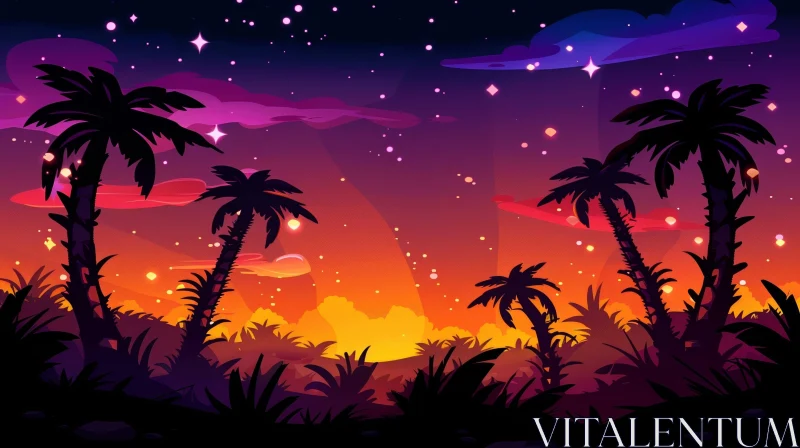 Serene Night Landscape with Palm Trees and Stars AI Image