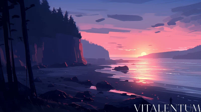 AI ART Tranquil Beach Sunset Landscape
