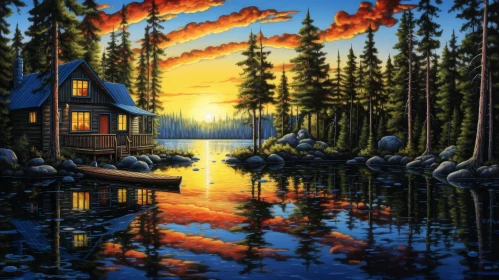 Tranquil Cabin by the Lake - Nature Painting