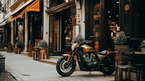 Vintage Motorcycle Parked in Front of Store - Light Orange and Black