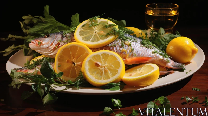 AI ART Exquisite Fish Dish with Lemon and Wine