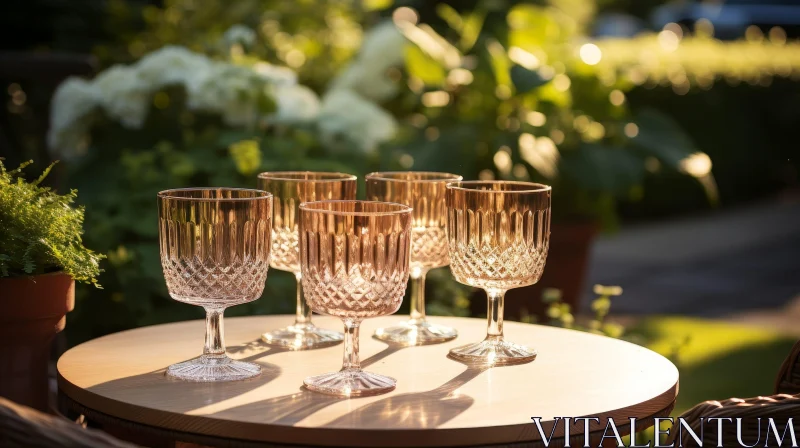 AI ART Golden Hued Crystal Wine Glasses on Wooden Table in Garden Setting