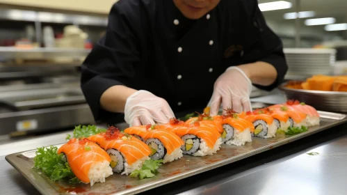 Chef preparing sushi with salmon