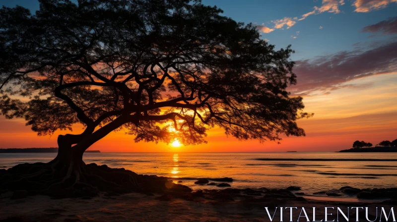 Golden Sunset Tree on Beach AI Image