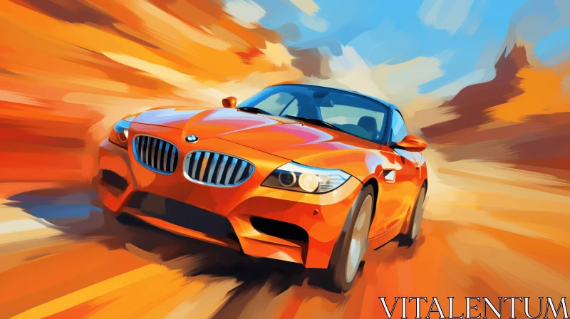 Orange Sports Car on Desert Road | Dynamic Anime Style AI Image