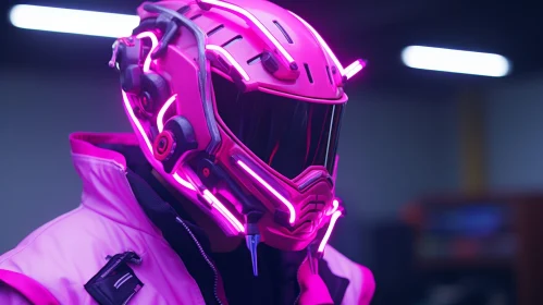 Unique Futuristic Pink Metal Helmet with Reflective Visor AI Image