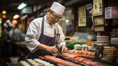 Japanese Chef Expertly Slicing Fresh Tuna in Restaurant Setting