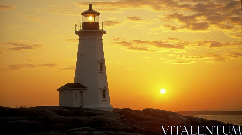 Majestic Lighthouse at Sunset on Rocky Coast AI Image