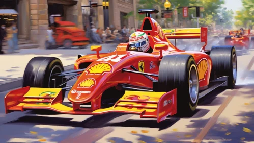Red Formula 1 Car Racing Through City Street