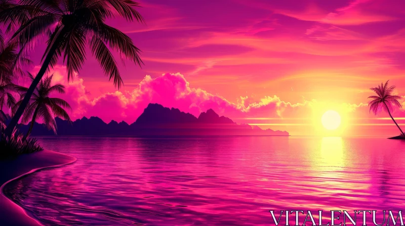 AI ART Tranquil Sunset Over Ocean with Palm Trees