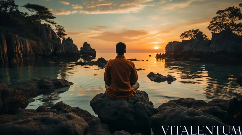 Man Sitting on Rock in Calm Sea at Sunset AI Image