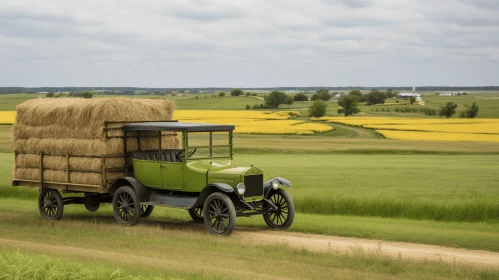 Old Green Truck with Hay: A Serene and Nostalgic Artwork