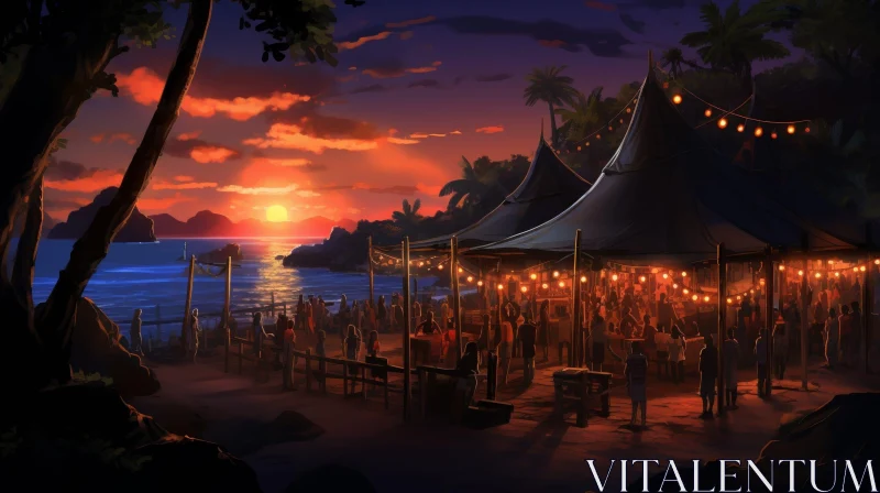 Tranquil Sunset Beach Party Scene AI Image