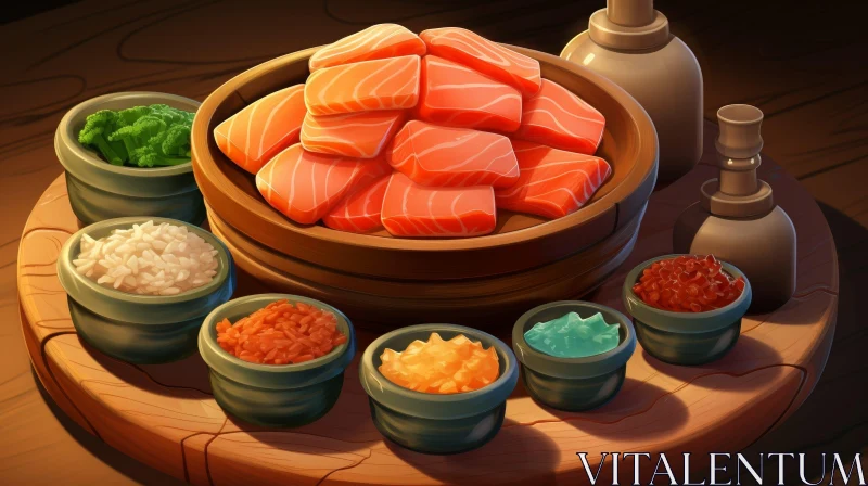 AI ART Delicious Salmon Sashimi Feast on Wooden Table