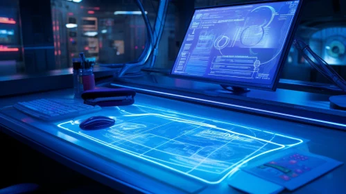 Futuristic Glass Computer Desk with Blue Light