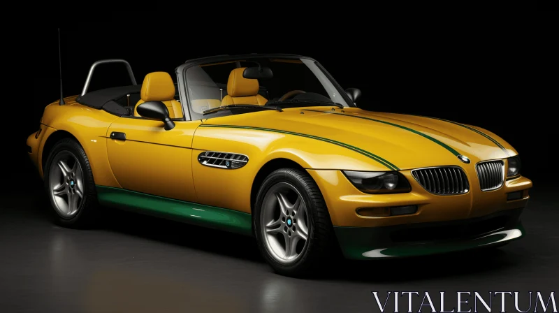Meticulously Rendered Yellow and Green Roadster on Black Background | Photorealistic Still Life AI Image