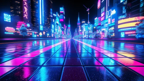 Cityscape at Night with Neon Lights