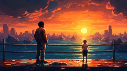 Father and Son Sunset Pier Painting