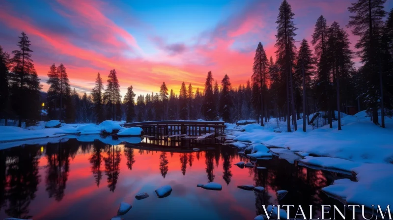 AI ART Serene Winter Landscape with Snowy Trees and Bridge