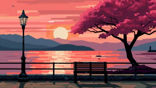 Tranquil Sunset Over Lake with Tree and Mountains