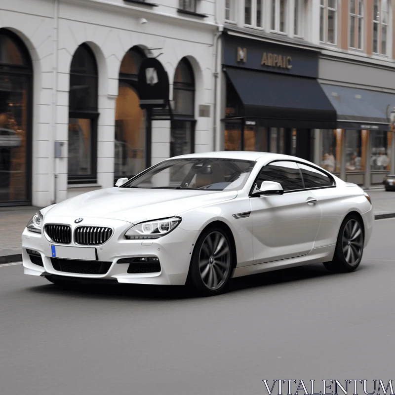 White BMW 6 Series Automobile Driving on a Street - Classical Architectural Details AI Image