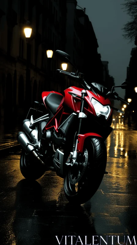 Captivating Red Motorcycle Parked on Wet Street - Anime Inspired AI Image