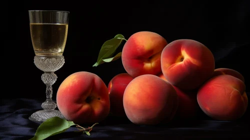 Luxurious Still Life: Ripe Peaches and White Wine Composition