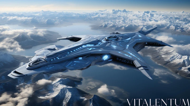 Silver Spaceship Flying Over Snowy Mountains AI Image