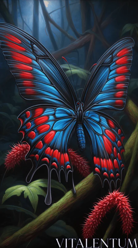 Blue and Red Butterfly in Dark Jungle - A Satirical Twist on Wildlife AI Image