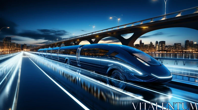Blue Futuristic Maglev Train in Cityscape Night Scene AI Image