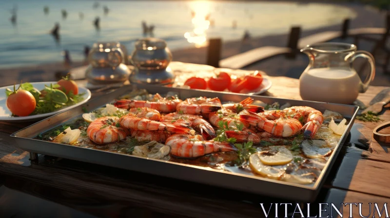 Delicious Grilled Shrimp on Beach Table AI Image