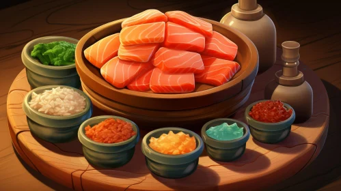 Delicious Salmon Sashimi Feast on Wooden Table