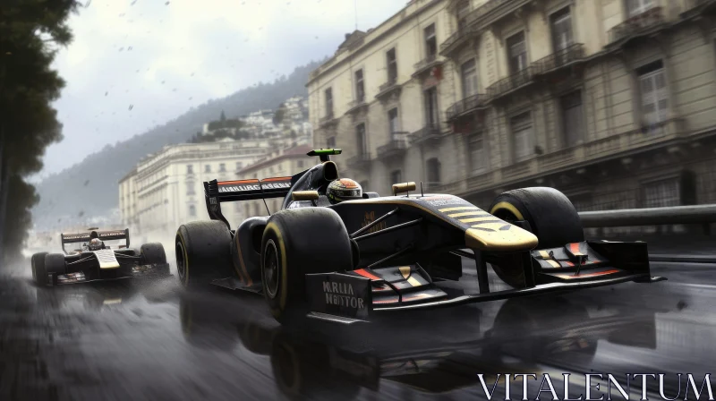 Formula 1 Race Car Driving in Rainy City Street AI Image