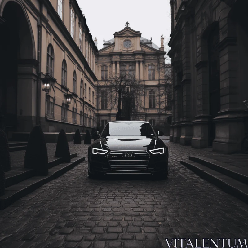 Luxurious Black Car on Cobblestone Street | Neoclassical Inspired AI Image