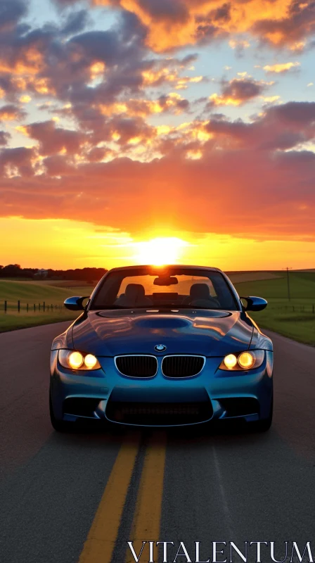 Blue BMW Car Driving at Sunset | Captivating Lighting AI Image