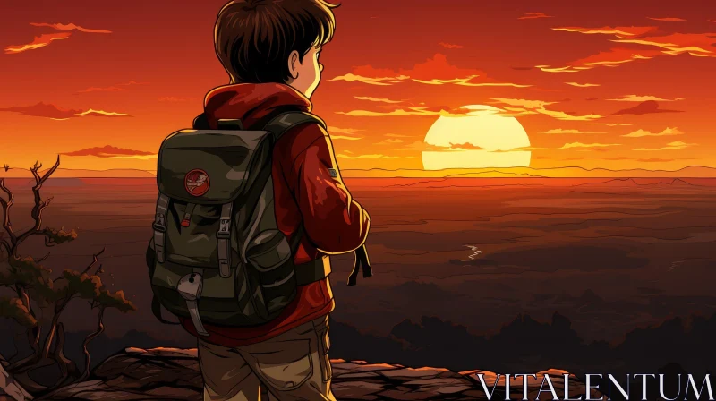 Boy on Cliff Watching Sunset - Nature Cartoon Illustration AI Image