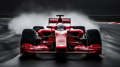 Fast Red Formula 1 Race Car on Wet Track