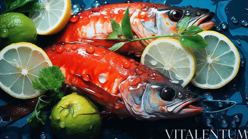 Glistening Red Fish with Lemon and Lime on Blue Table AI Image