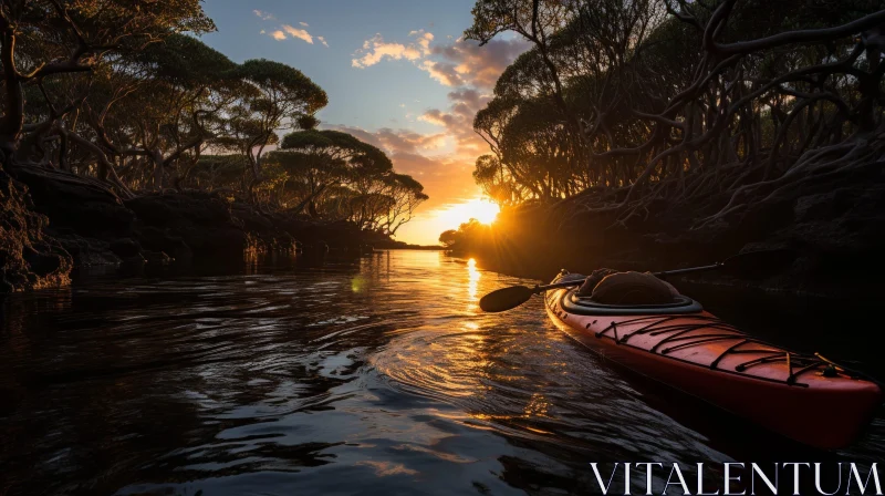 AI ART Kayaker at Sunset: Tranquil Nature Scene