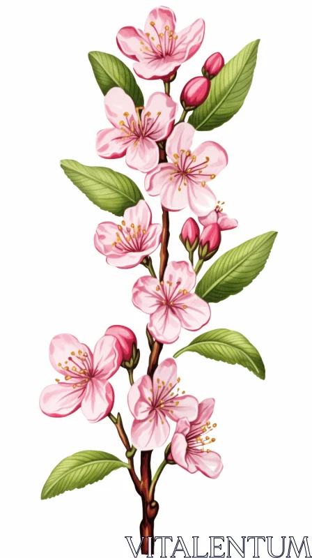 Pink Cherry Blossom Branch Illustration on White Background AI Image