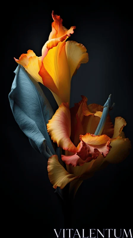 AI ART Abstract Floral Beauty - Captivating Orange and Yellow Blooms Against Dark Backdrop