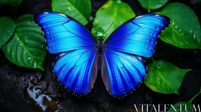 Blue Butterfly on Leaves - Intricate Wallpaper Design AI Image