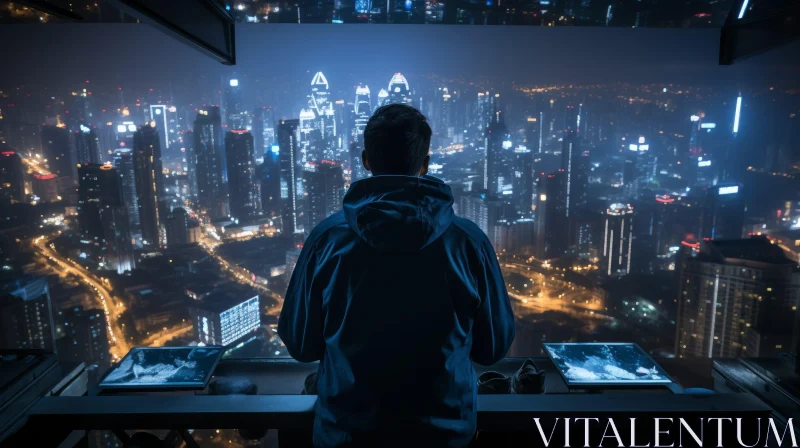 Enigmatic Night Cityscape with Mysterious Figure AI Image