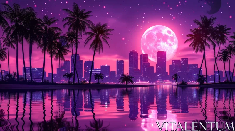 AI ART Pink Moonlit Cityscape - Serene Night Scene