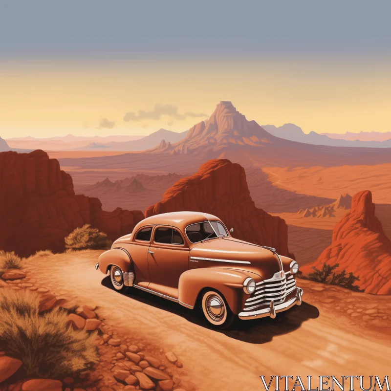 Vintage Car on Desert Road: Hyper-Detailed Illustration AI Image