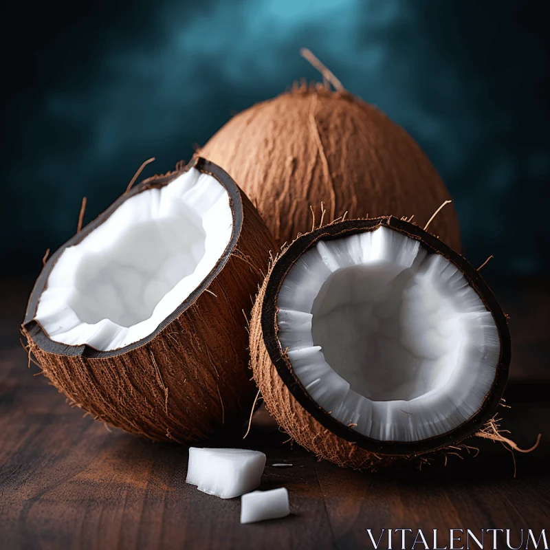 Artistic Coconut Halves on Dark Background | Layered Fibers | Vray Tracing AI Image