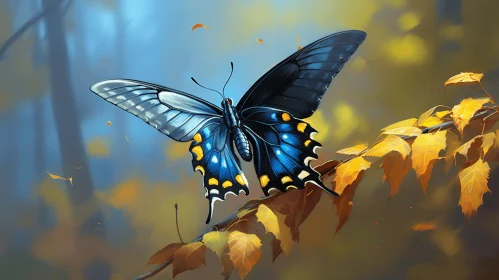 Blue Butterfly in Autumn Forest Illustration