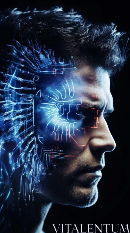 Glowing Blue Circuit Board Man Portrait AI Image