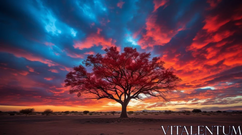 Ancient Tree Silhouetted Against Desert Sunset AI Image