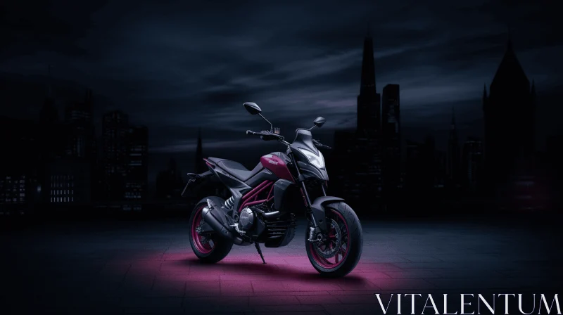 Dark Magenta Motorcycle Parked on City Sidewalk with Neon Lights AI Image